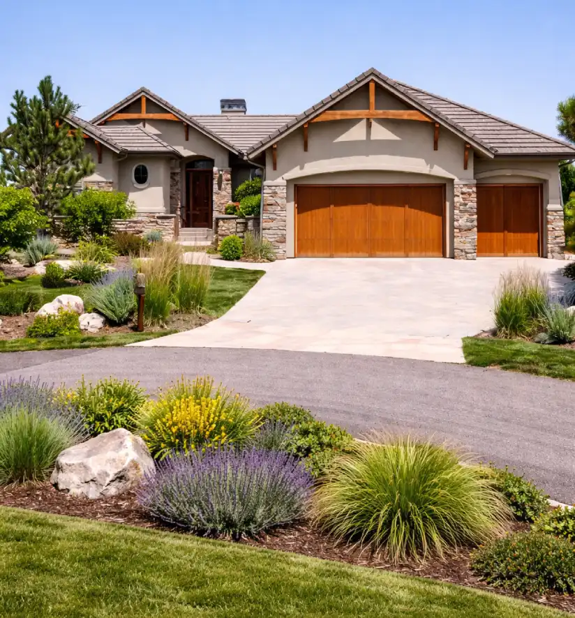 A modern single-story Craftsman-inspired home with a beige stucco and stone facade, warm brown wooden garage doors and accent beams, multiple gabled rooflines with gray shingles, an arched wooden front door, a spacious curved concrete driveway, and a beautifully landscaped xeriscape front yard featuring drought-tolerant plants, ornamental grasses, lavender, yellow flowers, rocks, and evergreens under a clear blue sky.